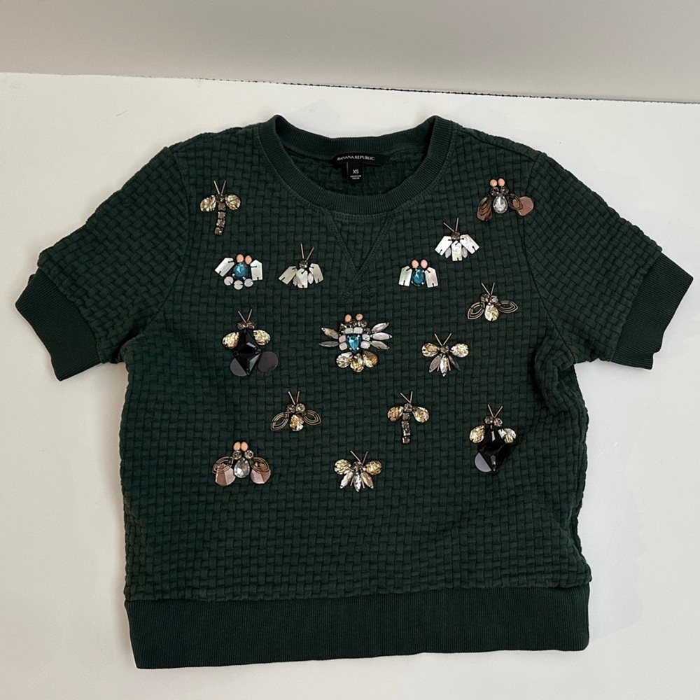 Banana Republic Olive Green Embellished Waffle-Knit Top